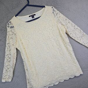 Roamans Top Womens‎ 16 Cream Floral Lace Overlay Scalloped Cottagecore Boho